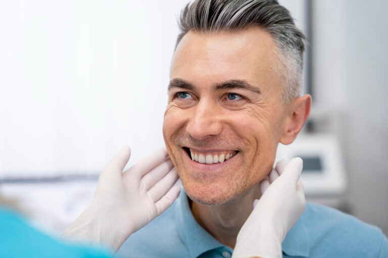 Homem de cabelo grisalho sorrindo enquanto dentista avalia sua estrutura facial para implante dentário na Mooca na AGN Odontologia.