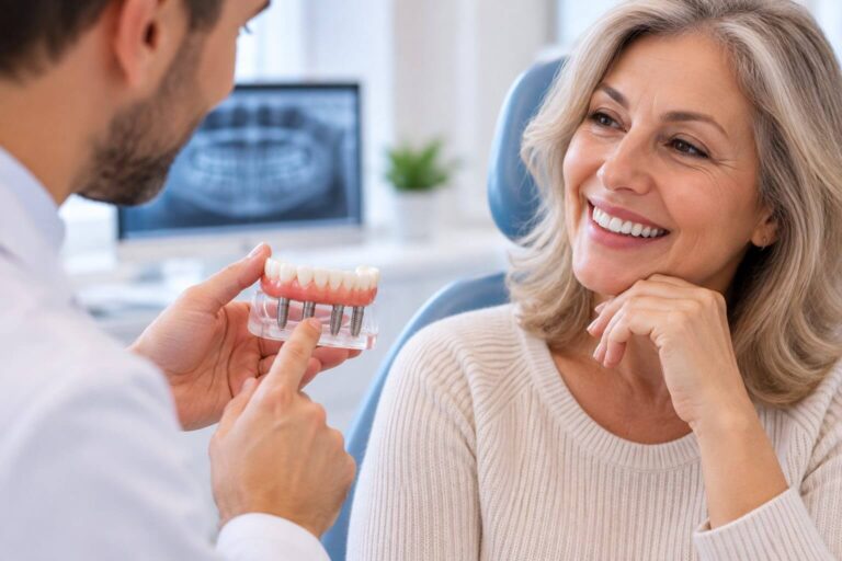 Dentista explica a adaptação da prótese protocolo a uma paciente sorridente na Clínica AGN Odontologia, na Mooca.