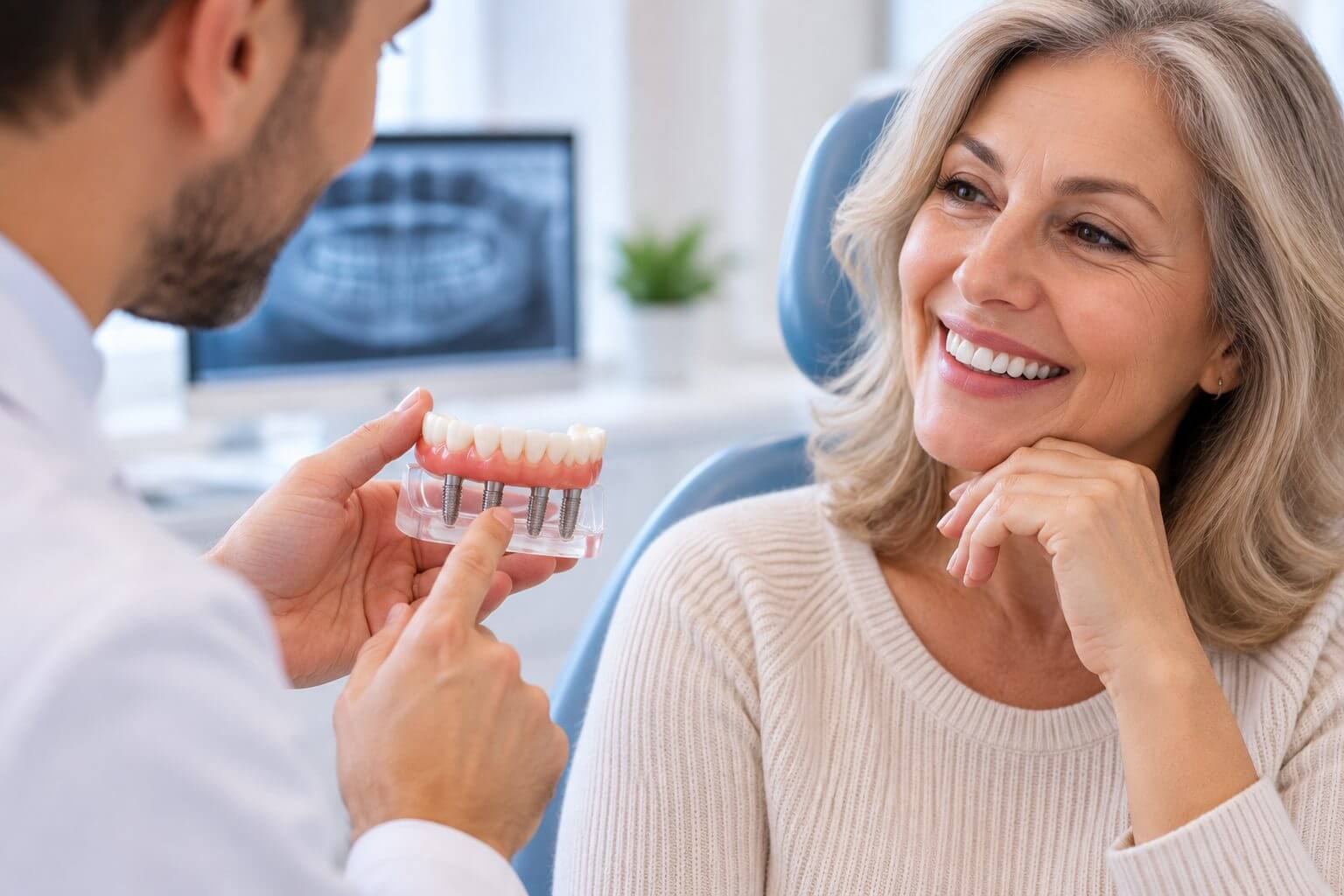 Dentista explica a adaptação da prótese protocolo a uma paciente sorridente na Clínica AGN Odontologia, na Mooca.